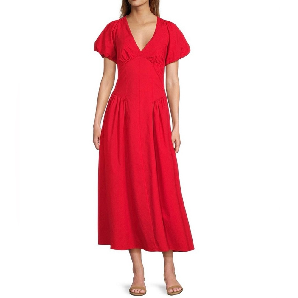 NWOT (worn once) ANTONIO MELANI Red V-Neck Puff Sleeve Midi Dress